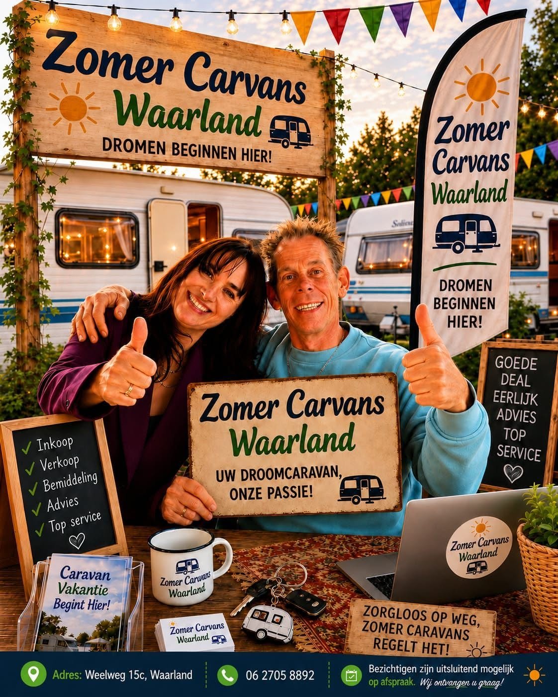 De eigenaren van Zomer Caravans Waarland bij de caravans op het terrein in Waarland